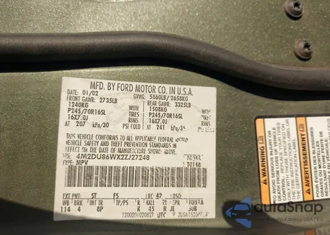 2002 Mercury Mountaineer из США, поврежденный, VIN 4M2DU86WX2ZJ27248